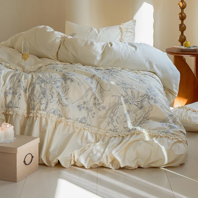 法式复古100S长绒棉纯棉磨毛四件套公主风褶皱刺绣全棉被套床品4