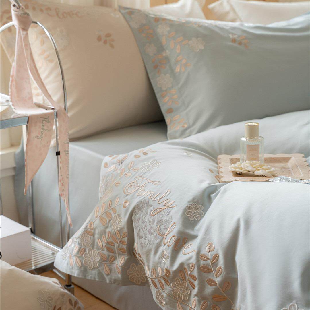 朴品100支纯棉长绒棉四件套轻奢风花卉刺绣床上用品全棉被套家纺