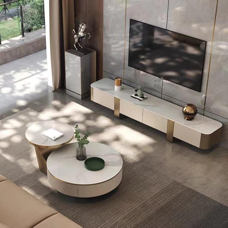 后现代轻奢大理石茶几简约圆形小户型客厅网红家用电视柜组合套装