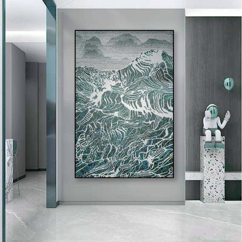 入户走廊尽头沙岩浮雕肌理壁画过道抽象样板房现代简约玄关装饰画