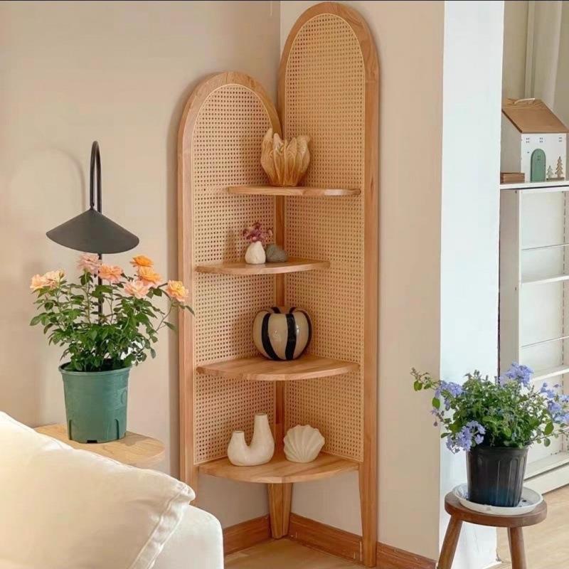 实木角柜客厅复古沙发墙边藤编置物架子中古卧室拐角三角柜收纳架