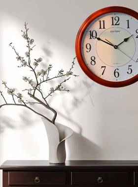 新中实RTJ式简约饰客厅木光静音圆形石英挂夜钟装摆件