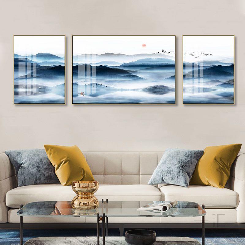 中国办水墨画客风厅餐97厅画装饰大气公室餐厅沙发背景壁画三联挂