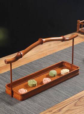 手工竹编漆提篮中筐式复古大茶具收纳用63895圆形水果篮点心篮竹