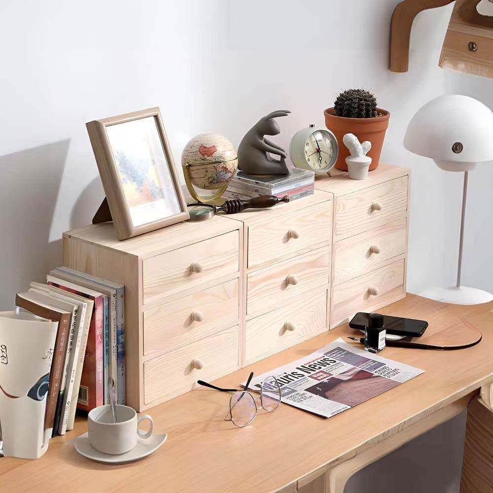 简小约桌面收收纳柜纳柜办公室杂物物件理盒抽拉式多层整物木储盒