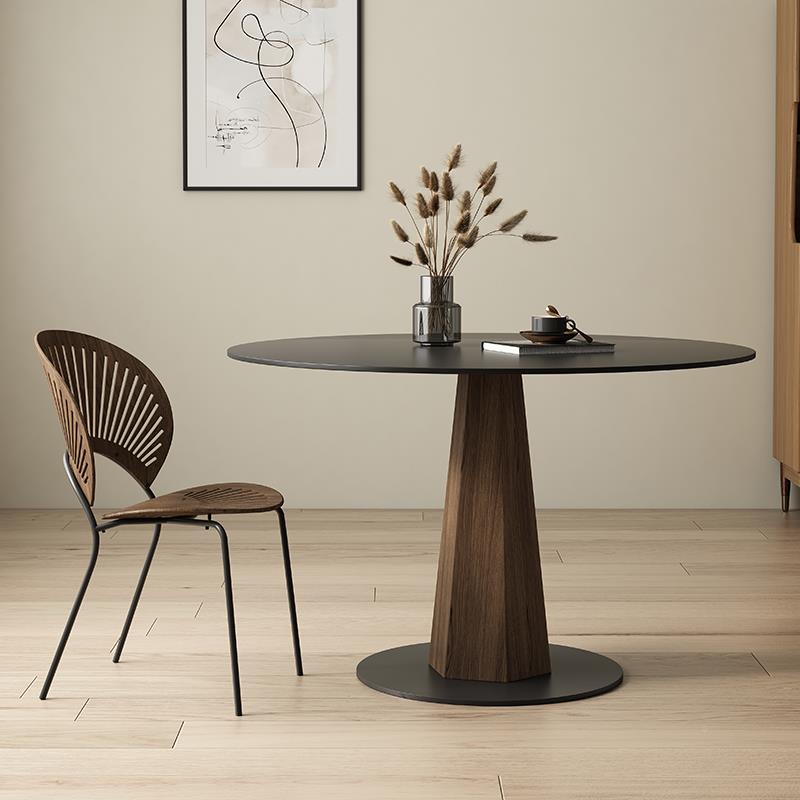 2I简实木圆形岩板餐桌用约户型纯黑黑胡桃-2圆桌复古黑胡桃小色家