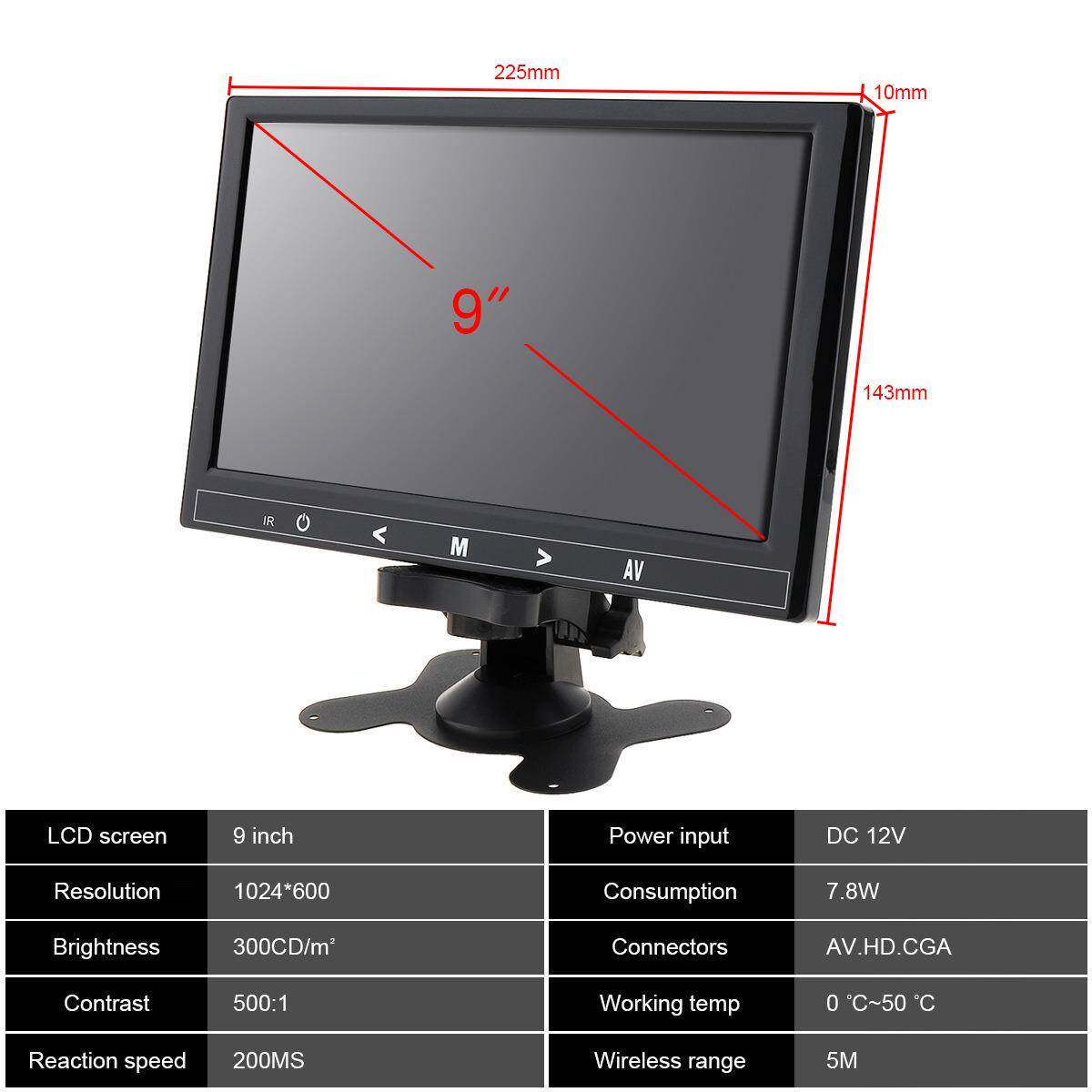 9寸车载无线互联液晶显示器手机同屏显示器HDMI+VGA+AV接口输入