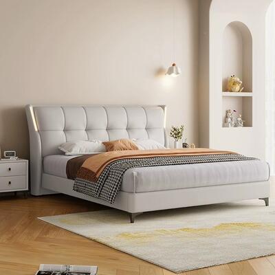 现代卧简奢约轻主小户型皮艺床1.8米新款民宿床带感应软包UCE婚灯