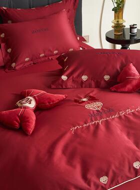 简约中式婚庆红10s床长绒棉四件色套新婚0雅婚陪F77HHS66嫁上用品