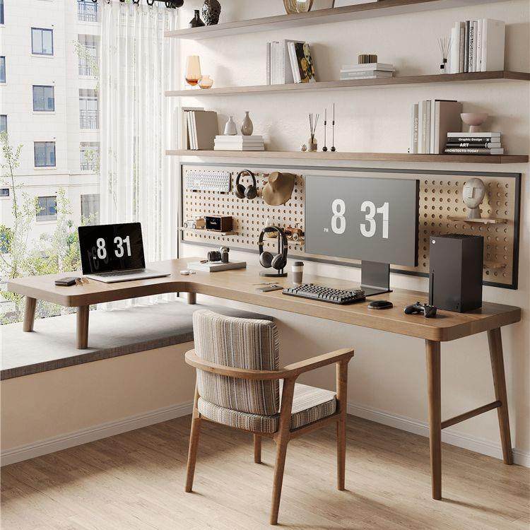 简约实木转角书桌书架组合飘窗拐角学习桌家用客厅窗台L型电脑桌