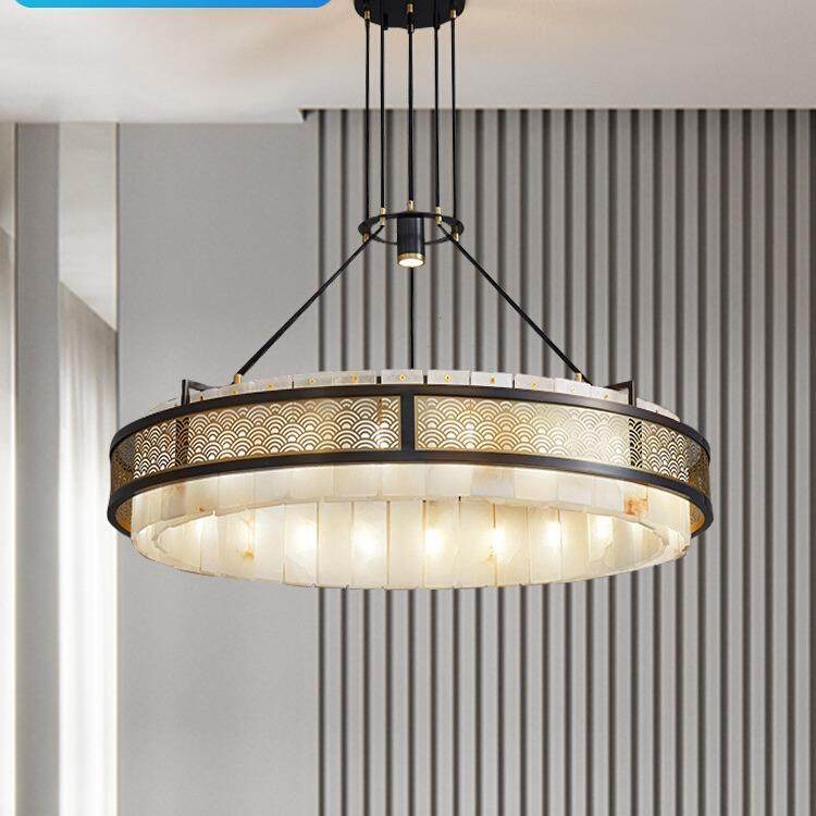 新中式云石吊灯设计师轻奢简约客厅灯全铜大气餐厅卧室云石吊灯