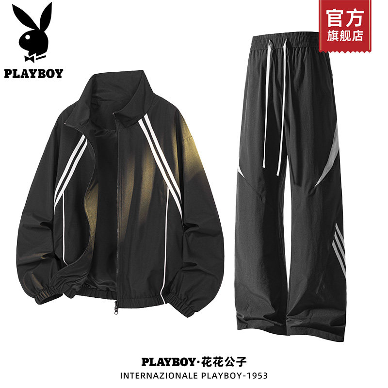 PLAYBOY/花花公子条纹运动休闲套装男士秋款痞帅夹克长裤两件套K