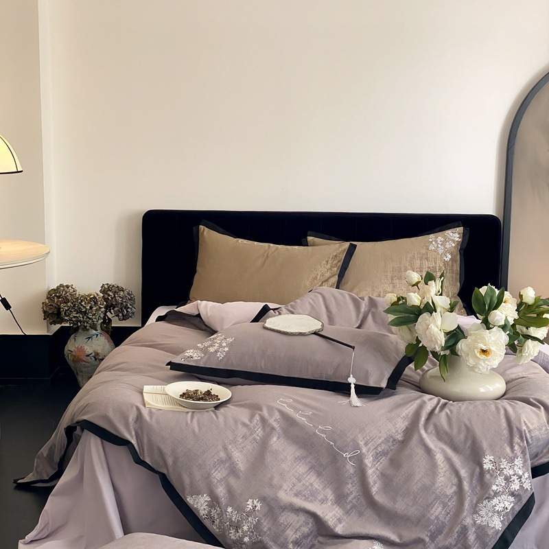 高端新中式50支全棉磨毛刺绣四件套秋冬季纯棉被套床单床上用品