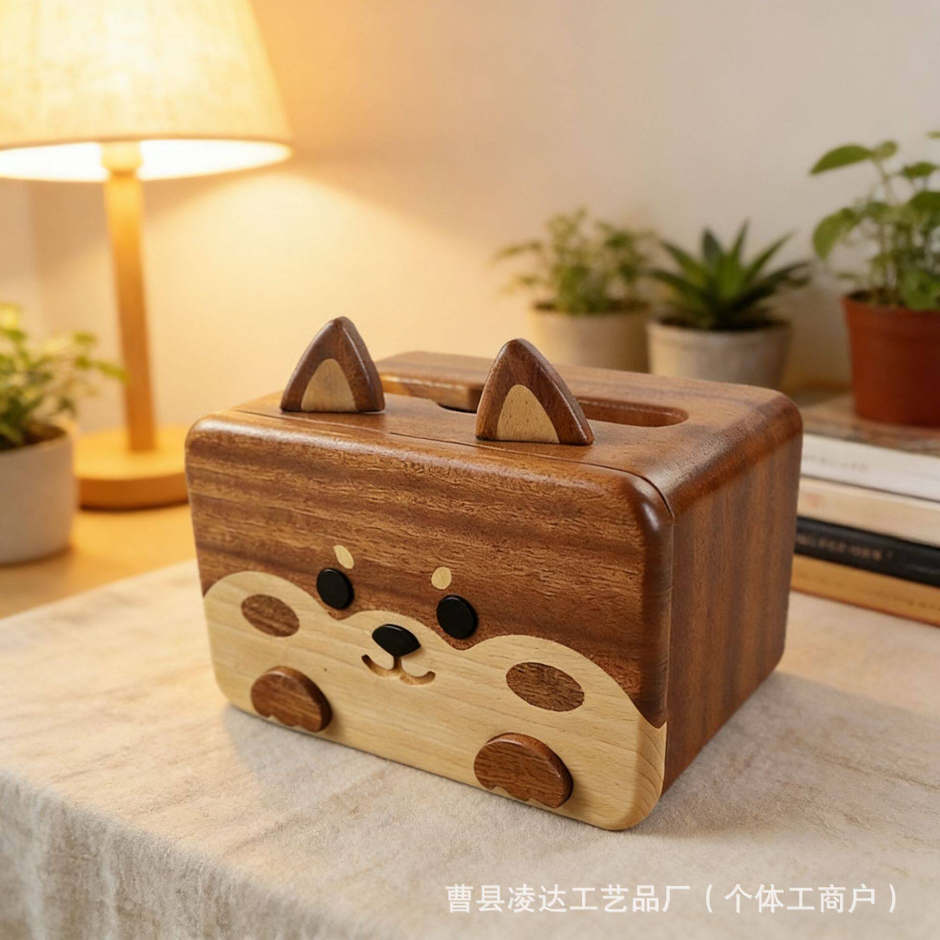 现货可爱柴犬纸巾盒实木餐厅桌面纸巾收纳盒木制家用卡通抽纸盒