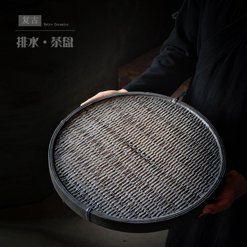 德化AL-63216陶瓷茶盘带排水形日式创意茶托盘干泡茶储台水圆茶式