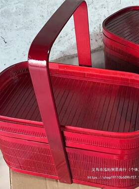 竹篮篮手提F97J77HH篮竹编带餐盖古典层野拜佛拜双神祭祖香篮红色