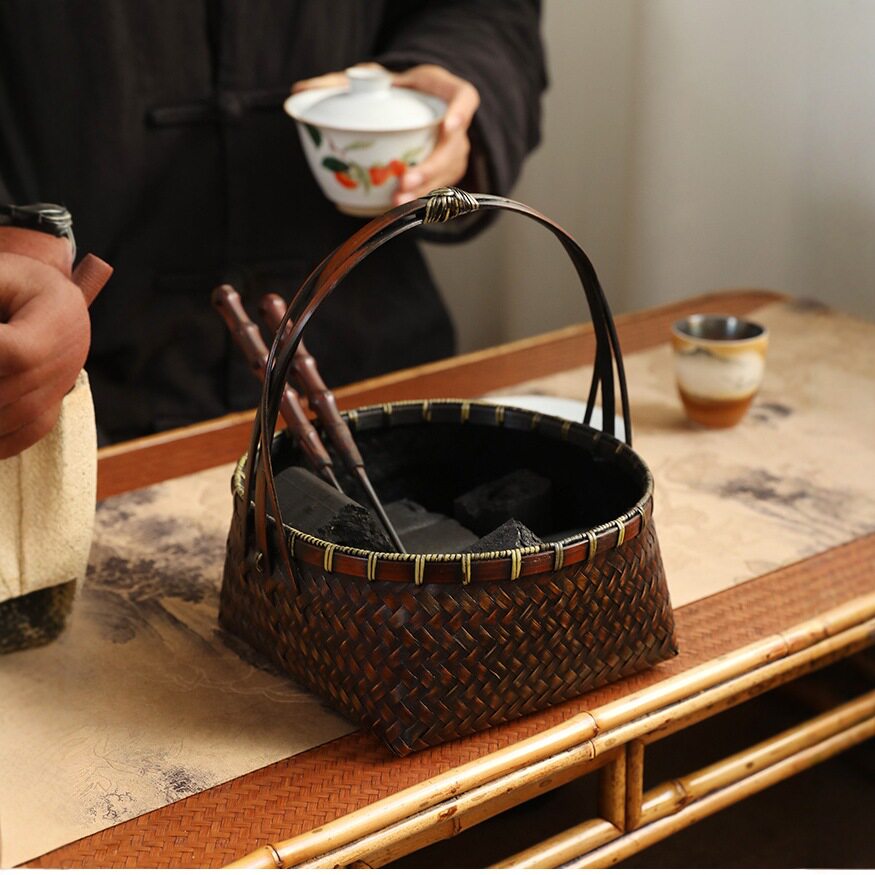 竹益堂手工竹编碳筐带提手木炭橄榄碳收纳篮碳钵家用茶室围炉煮茶
