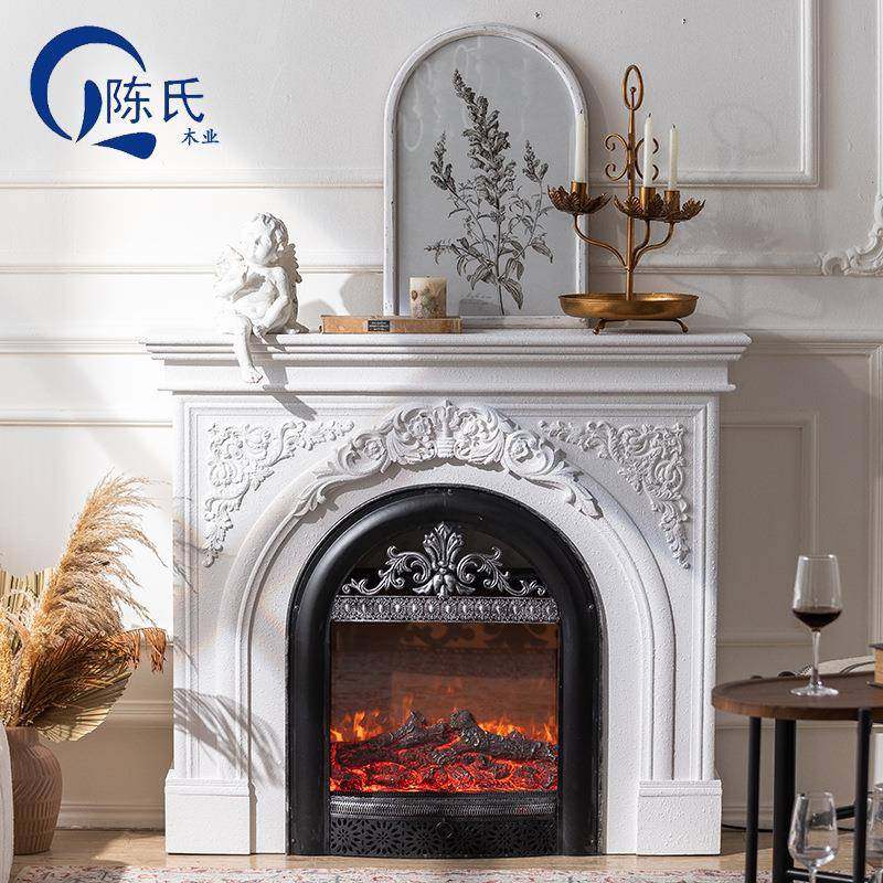 美复古炉雕花装饰柜客厅拱形玄关式柜置6851物架电子壁炉芯仿火真