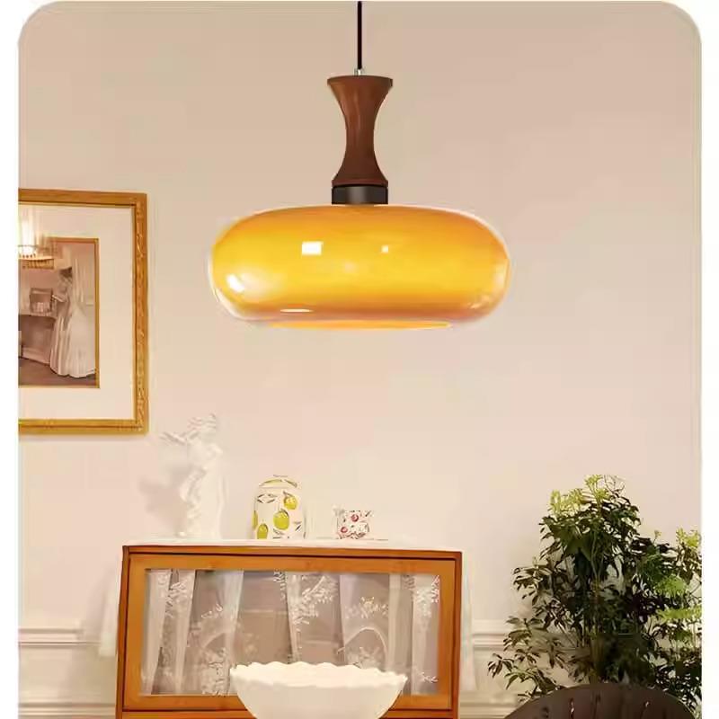 中灯古胡木客厅餐厅桃子卧室实木QRQ吊复古极简日式奶油风玻璃柿