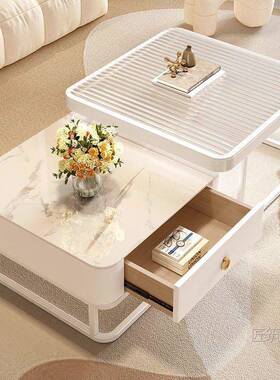 奶油网风茶几岩小户型家用客厅桌子简约轻奢现代板形红玻璃方OIF