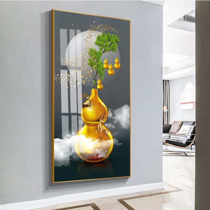 走廊竖版金色葫芦装饰画五福临门壁画客厅过道发财树麋鹿玄幻挂画