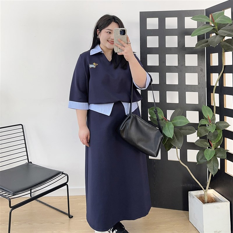 大码时尚休闲连衣裙夏装女胖mm显瘦遮肉假两件卫衣半身裙两件套装