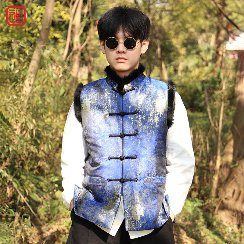 秋冬季夹棉毛领马甲中式唐装对襟提花手工盘扣坎肩保暖背心外,男装,唐装,淘宝优惠券,粉丝福利购,淘宝优惠卷