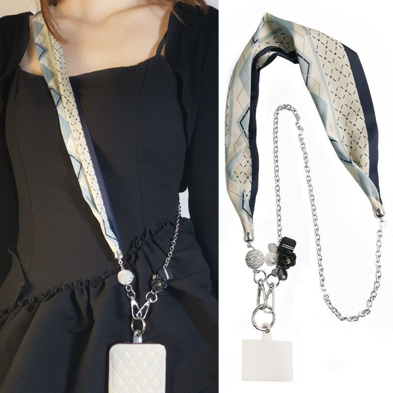 49手机挂绳长款可背斜挎丝巾挂带女网纱金属锁链手机壳防丢可拆卸