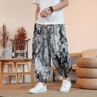 汉服裤 唐装 子夏季 薄款 水墨印花冰丝灯笼裤 宽松束脚哈伦裤 男新中式