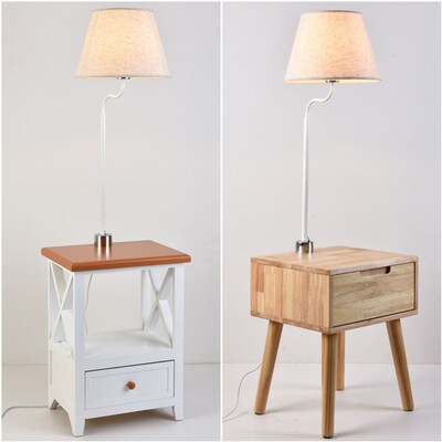 北欧式床头柜落地灯一体客厅简约卧室房间书房立式实木置物架白色