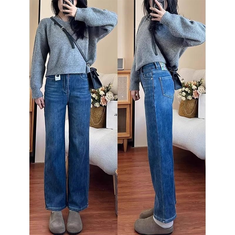 弹力直筒窄版牛仔裤女2025新款大码胖mm梨形身材蓝色显瘦阔腿裤子