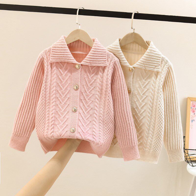 女童开衫毛衣2024新款春秋款薄款春季儿童翻领外套小女孩针织线衣