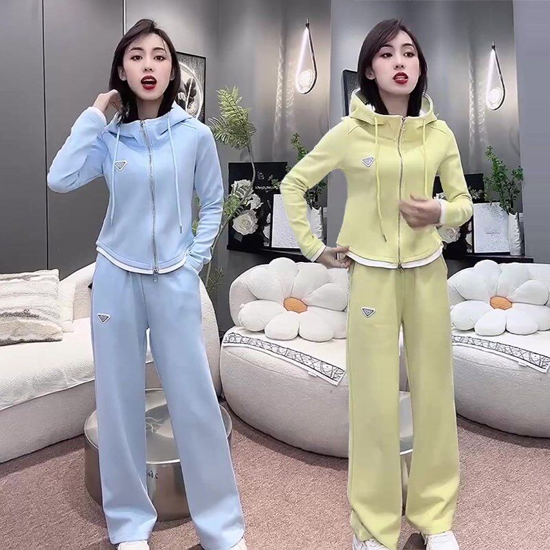 时尚休闲运动服套装女卫衣卫裤两件套春秋新品简约纯色连帽阔腿裤