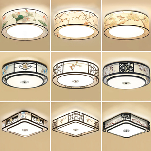 新中式led吸顶灯主卧室灯w圆形中国风大气现代简约餐厅灯刺绣布罩