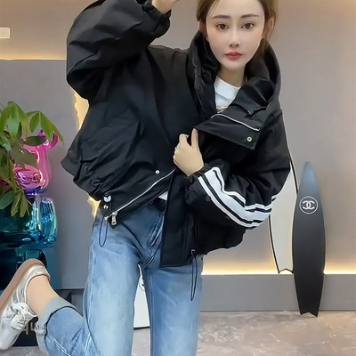 设计感条纹连帽加厚风衣女春秋2024年新款小个子宽松短款棉衣外套