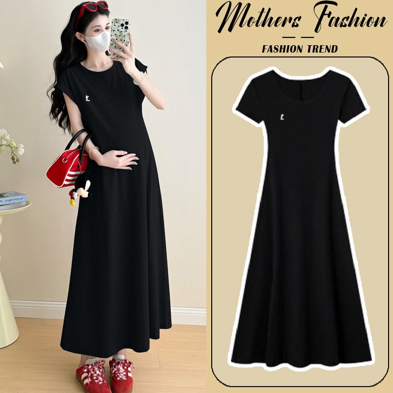 孕妇连衣裙夏季2025新款黑色休闲百搭高级感宽松遮肚显瘦短袖长款