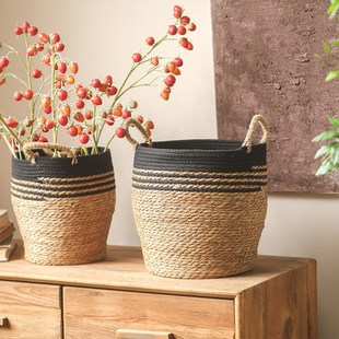 静谧黑边线蒲草花篮双耳装 饰篮子落地花盆套盆摆件客厅手工草编篮