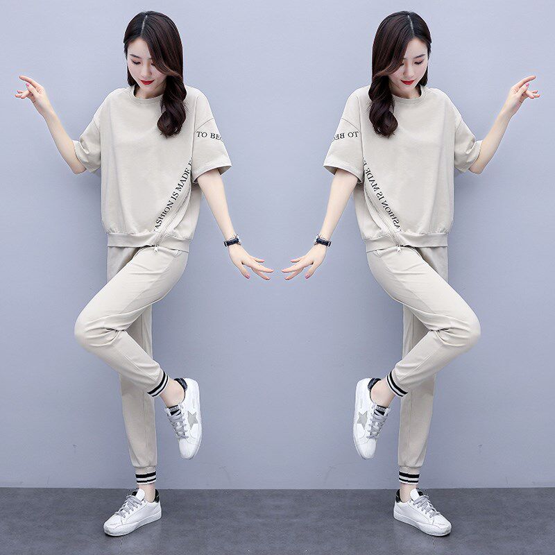 休闲运动服套装女2024夏装新款短袖长裤纯棉韩版时尚卫衣两件套潮