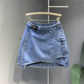 胖mm大码 女装 不规则牛仔半身裙女梨形身材高腰显瘦百搭A字短裙子