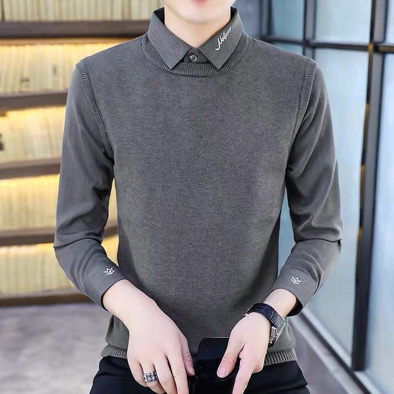 男士假两件毛衣秋冬季休闲衬衫领马甲针织打底衫潮流带领秋装上衣