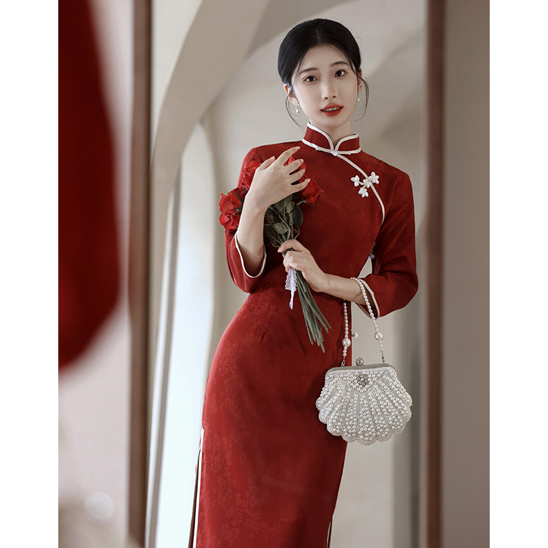 红色旗袍敬酒服新中式新娘结婚年轻款秋冬季长袖订婚礼服女洋装