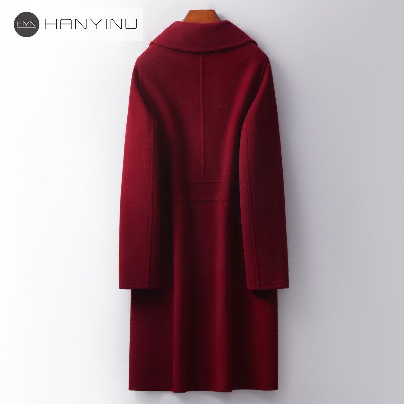 酒红色双面无羊绒大衣女羊毛呢子2024新款大码宽松中长款秋冬外套