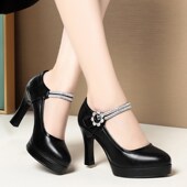 春秋单鞋 模特走秀高跟f鞋 女不累脚2024新款 厚底防水台一字扣旗袍