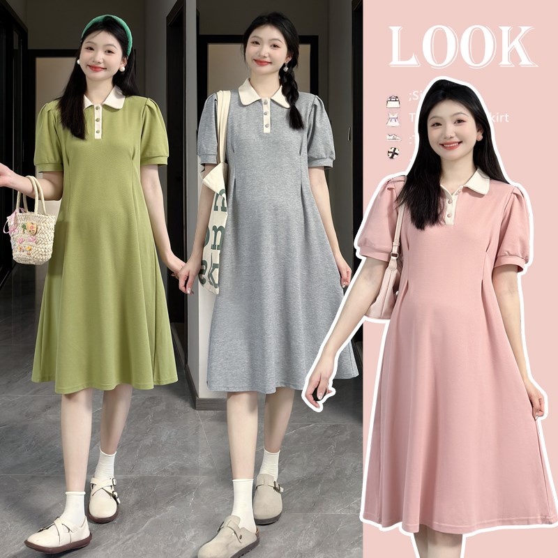 大码孕妇连衣裙夏季气质减龄plo领裙中长款宽松200斤短袖t恤裙子