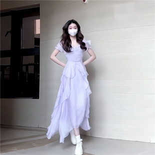 新款 2023年夏季 设计感小众超仙收腰长裙 初恋荷叶边仙女洋装 法式