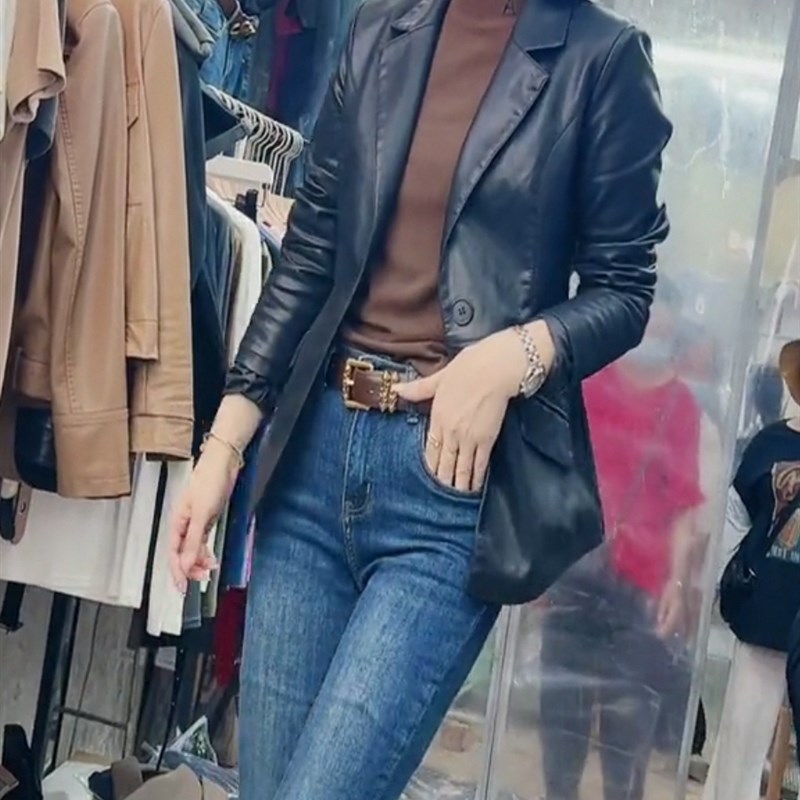 欧货时尚洋气皮夹克西装女2024春秋新款修身显瘦百搭皮衣西服外套