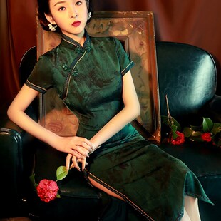 中长款 绿色旗袍年轻款 气质高端连衣裙夏季 少女改良版 女 2021年新款