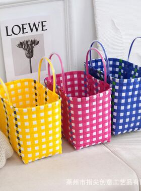 PP编织拼色系女生手提包大容量DIY菜篮子沙滩包百搭时尚编织包