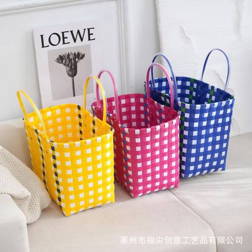 PP编织拼色系女生手提包收纳篮