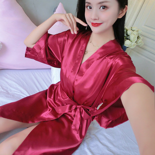 大码性感睡衣女春夏秋吊带睡裙宽松和服睡袍薄款冰丝绸浴袍家居服